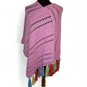 Margaret O’Leary Pink Knit 100% Cashmere poncho with Colorful tassel Fringe EUC